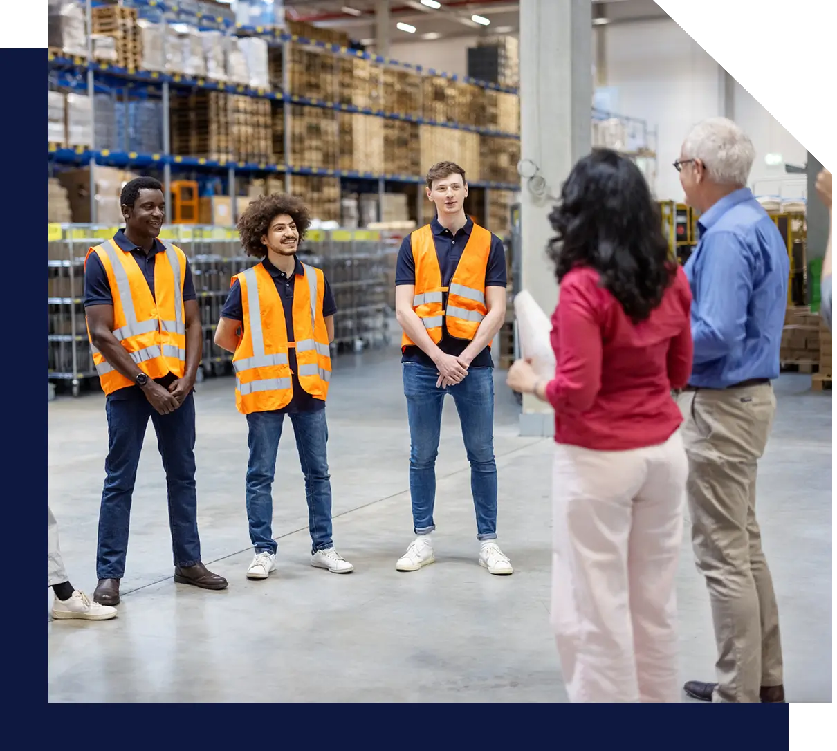 Warehouse team in safety vests meeting.