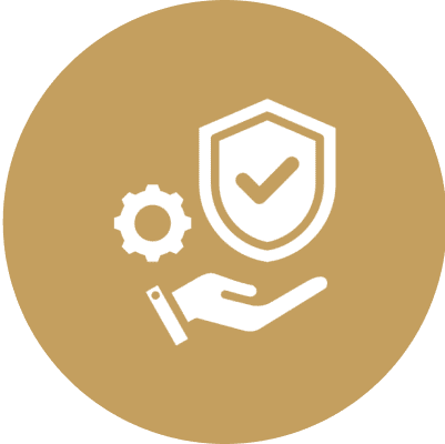 Hand holding shield and gear icon.