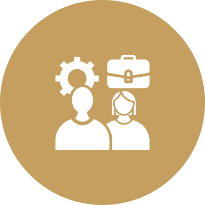 Two figures with gear and briefcase icon.